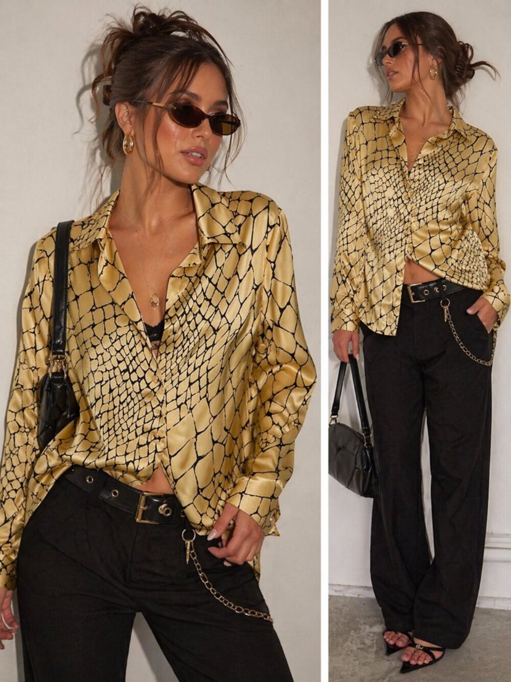 Vintage Y2K Victoria’s Secret Satin Blouse Snake Print Gold Button Front Small